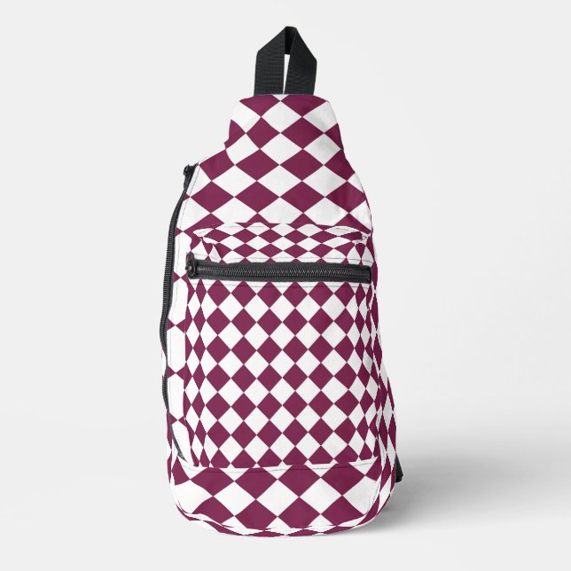 Burgundy White Chequered Diamond Pattern Sling Bag (Front)
