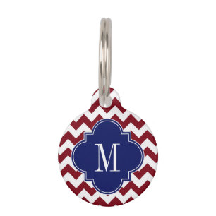 Burgundy White Chevron Navy Quatrefoil Monogram Pet Tag