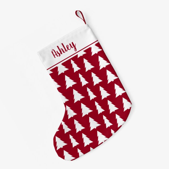 Burgundy White Christmas Tree Pattern Your Name Small Christmas Stocking (Back (Hanging))