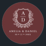 Burgundy White Crest Modern Monogram Wedding  Classic Round Sticker<br><div class="desc">Add a touch of elegance and warmth to your wedding with the Burgundy White Crest Modern Monogram Wedding Classic Round Sticker. Featuring a rich burgundy background, a refined white crest design, and a personalized monogram, this sticker is perfect for enhancing your wedding invitations, favours, or decor. Its classic yet modern...</div>