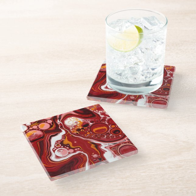  Burgundy White Digital Fluid Art   Glass Coaster (Angled)