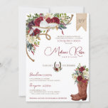 Burgundy White Elegant Charro Spanish Quinceañera Invitation<br><div class="desc">This red and creamy white rose floral charro invitation is really great for a winter season quinceanera but can be used anytime! Featuring beautiful deep burgundy red, maroon, and cream white roses, and a boho feather floral spray, a black charro sombrero, rope accents and cowgirl boots with a bouquet of...</div>