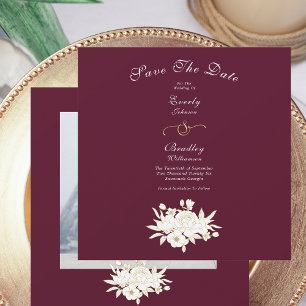 Burgundy White Elegant Gold Floral Roses Photo Save The Date