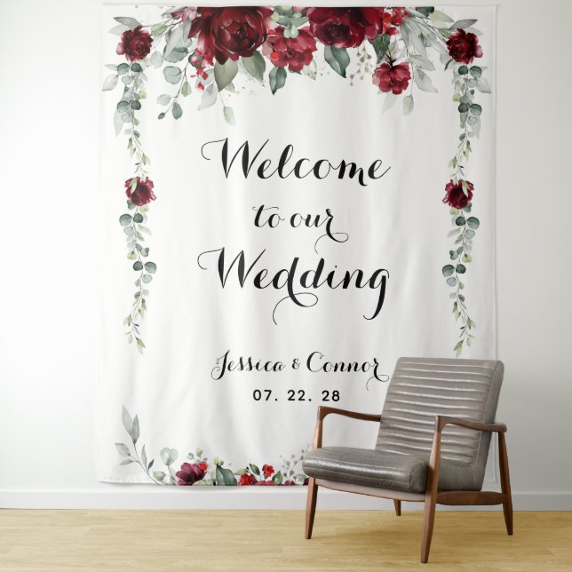 Burgundy White Eucalyptus Welcome To Our Wedding Tapestry (In Situ)