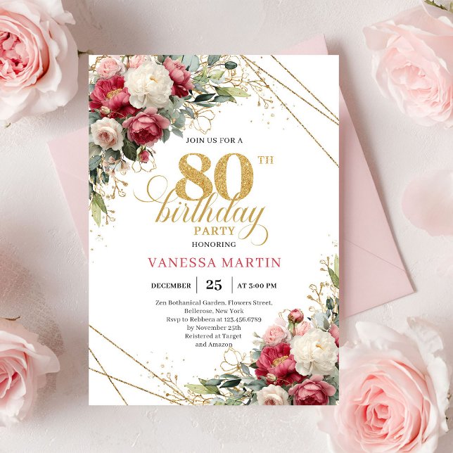 Burgundy white floral 80th birthday invite green  (Burgundy white floral 80th birthday invite with greenery

)