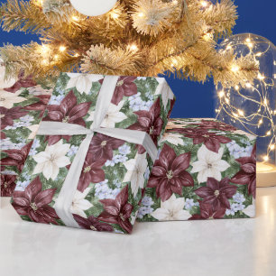 Burgundy White Floral Christmas Wrapping Paper