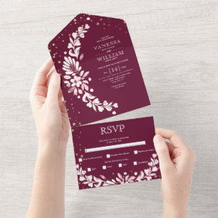 Burgundy, white floral garland with hearts wedding all in one invitation