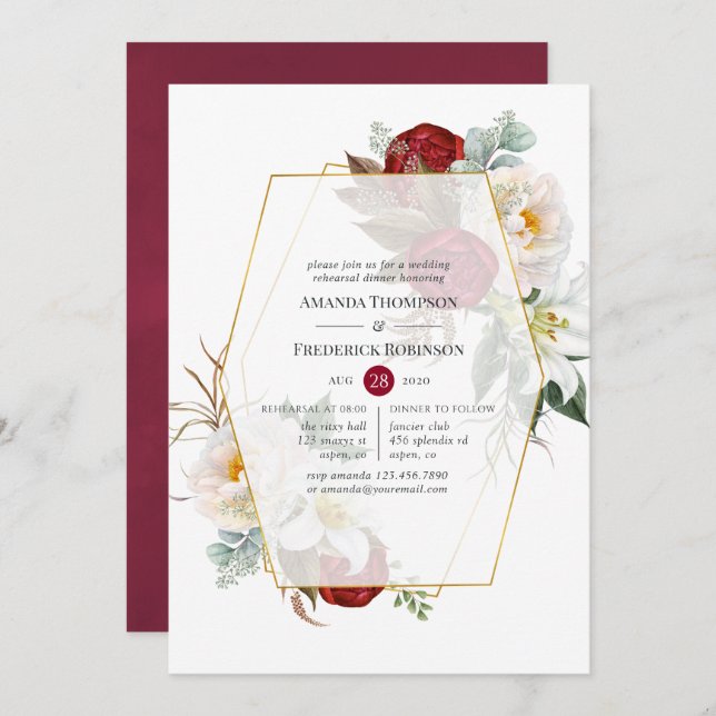 Burgundy & White Floral Geometric Rehearsal Dinner Invitation (Front/Back)