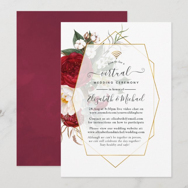 Burgundy & White Floral Geometric Virtual Wedding Invitation (Front/Back)