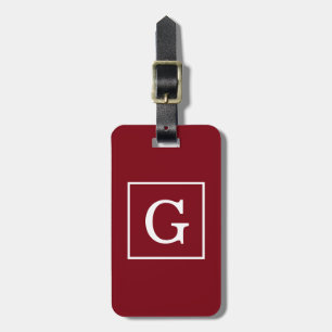 Burgundy White Framed Initial Monogram Luggage Tag