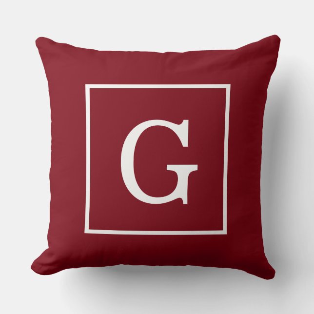 Burgundy White Framed Initial Monogram Throw Pillow (Front)