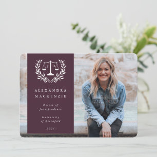 Burgundy+White JD Law Scales Laurel Wreath Photo Announcement