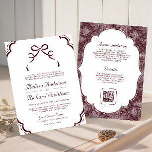 Burgundy White Lace Coquette Bow QR Code Wedding Invitation