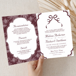 Burgundy White Lace Coquette Bow QR Code Wedding Invitation