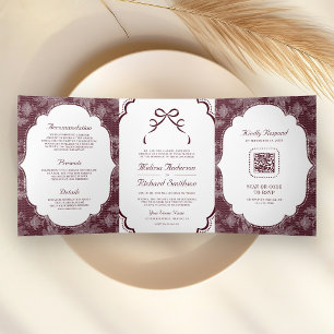 Burgundy White Lace Coquette Bow QR Code Wedding Tri-Fold Invitation