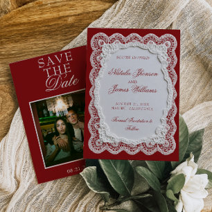 Burgundy White Lace Doily Old Money Photo Wedding Save The Date