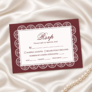 Burgundy White Lace Frame Vintage Wedding RSVP Card