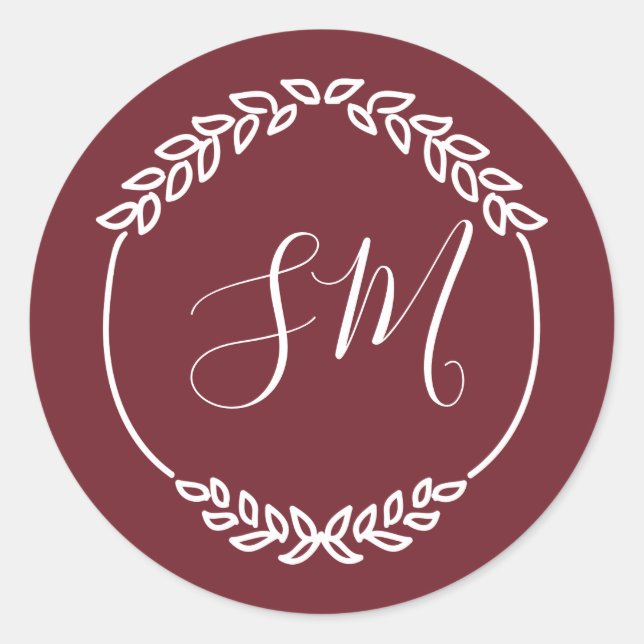 Burgundy White Leaf Wreath Monogram Wedding Classic Round Sticker (Front)