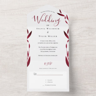 Burgundy White Leaves Wedding All In One Invitation