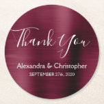 Burgundy & White Modern Wedding Thank You Round Paper Coaster<br><div class="desc">Burgundy and White Faux Metallic Stainless Steel Modern and Elegant Wedding Thank You Coasters. These Cranberry Burgundy Drink Coasters can be customized to include your name and wedding date. The Purple Marsala Coasters are part of the Burgundy Wedding Collection. Additional customize items can be created upon request to the designer....</div>
