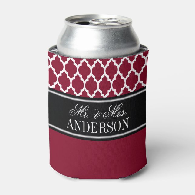Burgundy White Moroccan #4 CB Black Name Wedding Can Cooler (Can Front)
