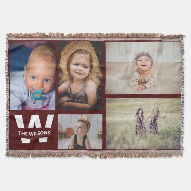 Burgundy  White Multiple Photos Custom Monogram Throw Blanket (Front)
