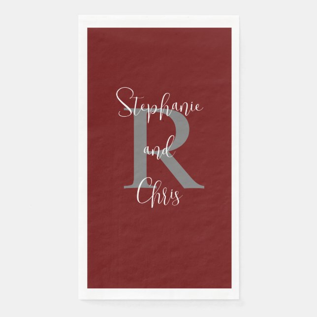 Burgundy White Name Monogram Paper Guest Towel Napkin (Front)
