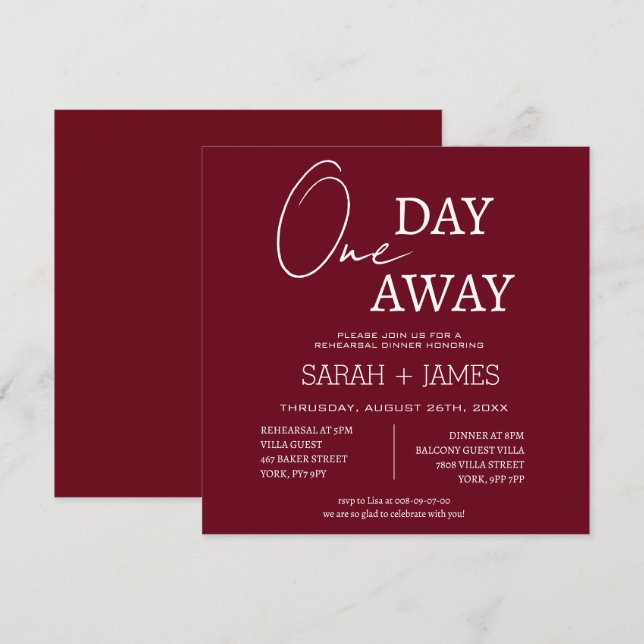 Burgundy White One Day Away Rehearsal Dinner  Invitation (Front/Back)