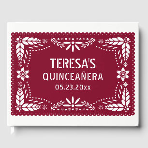 Burgundy, white papel picado Mexican Quinceañera Guest Book