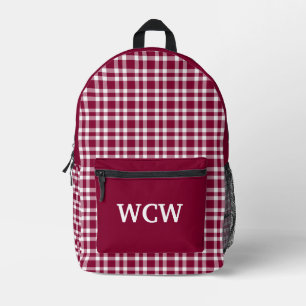 Burgundy White Plaid Personalize Pattern Printed Backpack