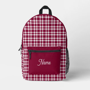 Burgundy White Plaid Personalize Pattern Printed Backpack