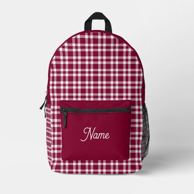 Burgundy White Plaid Personalize Pattern Printed Backpack (Front)