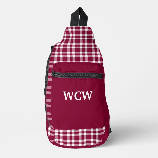 Burgundy White Plaid Personalize Pattern Sling Bag (Front)