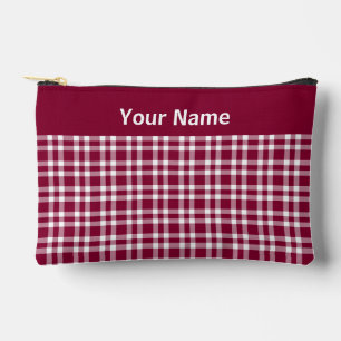 Burgundy White Plaid Personalize Pattern Small Accessory Pouch