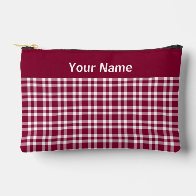 Burgundy White Plaid Personalize Pattern Small Accessory Pouch (Front)