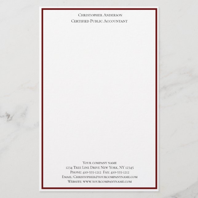 Burgundy White Professional Business Personalized  Stationery (Front)
