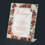 Burgundy White Rose 70th Birthday Welcome Pedestal Sign<br><div class="desc">Elegant burgundy and white roses create a dramatic floral frame for this watercolor birthday welcome sign. Traditional calligraphy creates a beautiful mood,  fitting for this special event. Perfect for a fall celebration.</div>