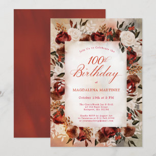 Burgundy White Rose Fall Floral 100th Birthday Invitation