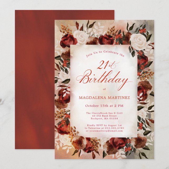 Burgundy White Rose Fall Floral 21st Birthday Invitation (Front/Back)