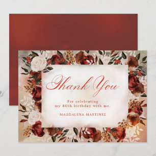 Burgundy White Rose Fall Floral 80th Birthday Thank You Card