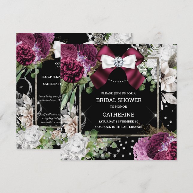 Burgundy white rose floral diamond bow chic invitation (Front/Back)
