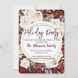 Burgundy White Rose Floral Holiday Party Invitation