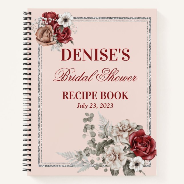 Burgundy & White Roses Bridal Shower Recipe Notebook (Front)