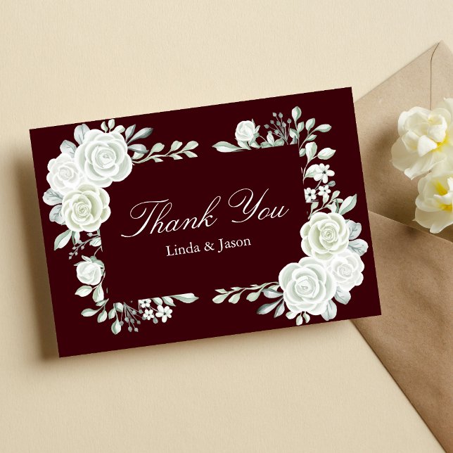 Burgundy White Roses Wedding Thank You Cards (Burgundy white roses thank you cards share heartfelt gratitude with romantic floral elegance.)