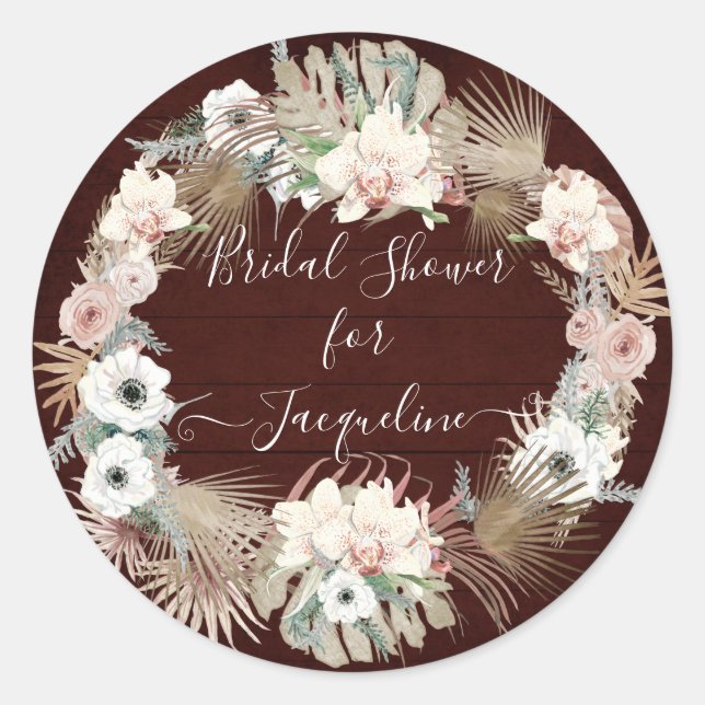 Burgundy White Rustic Wooden Floral Palm Foliage Classic Round Sticker (Front)