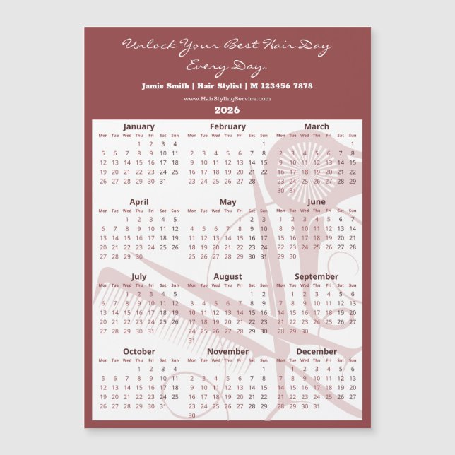 Burgundy White Salon Tools 2026 Calendar Magnet (Front)
