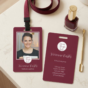 Burgundy White Script Font Logo Photo Nail Salon Badge
