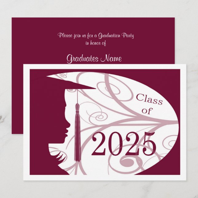 Burgundy & White Silhouette 2025 Graduation Party Invitation (Front/Back)