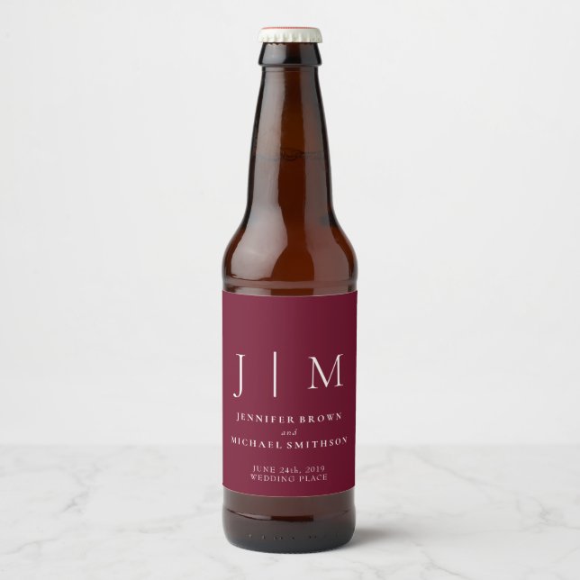 Burgundy White Simple Minimalistic Drink Wedding Beer Bottle Label (Front)