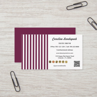 Burgundy White Stripes  QR Code Social Media Icons Business Card